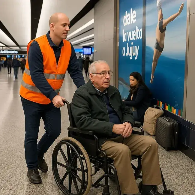 Anciano en sillas de ruedas siendo asistido por un voluntario del aeropuerto de Ezeiza
