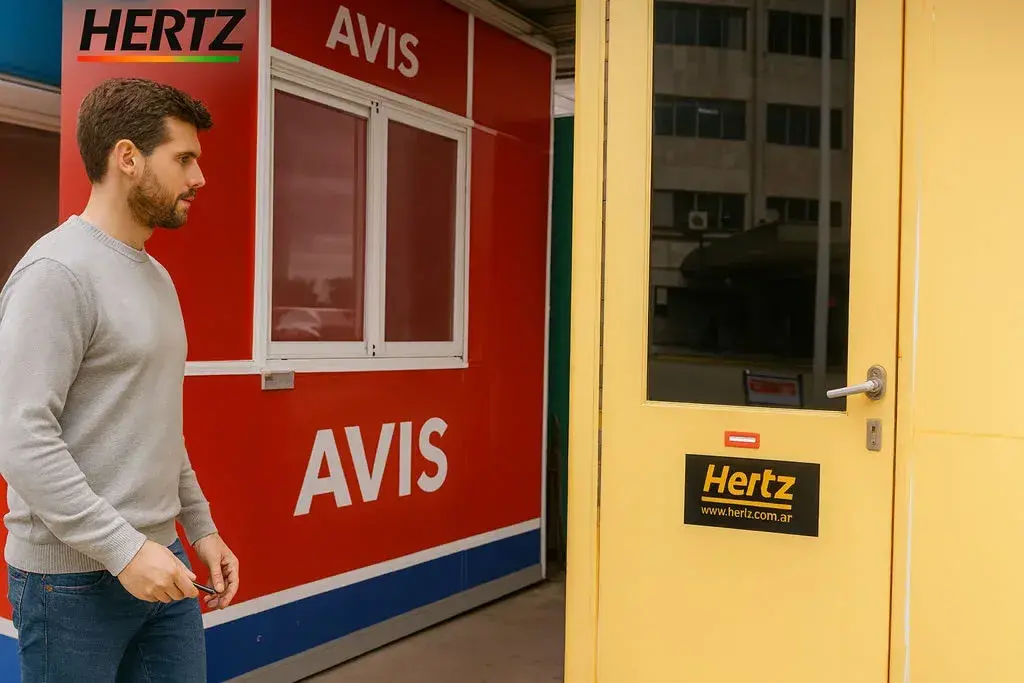 Hombre aproxim&aacute;ndose al mostrador de devoluci&oacute;n de coche en alquiler de Hertz, y pr&oacute;ximo a la cabina de AVIS, en aeropuerto de Ezeiza